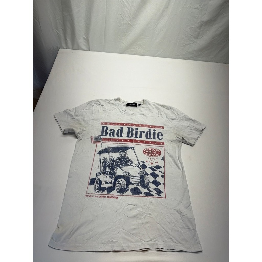 Bad Birdie Mens Graphic T-Shirt White Golf Cart Racing Small